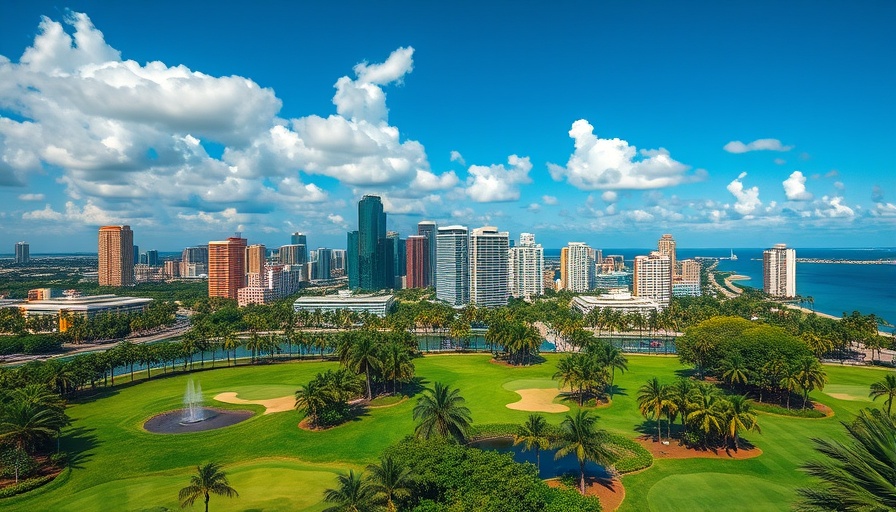 Aerial view of Miami skyline over golf course, vibrant scene.