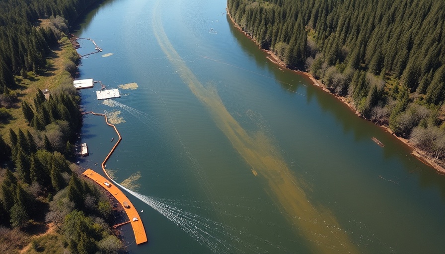 Aerial shot of river with oil boom for Smitty's Supply fire recovery.