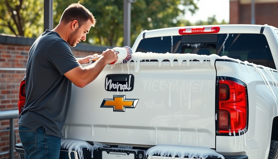 Man cleaning white truck with soap at car wash, bright daylight.