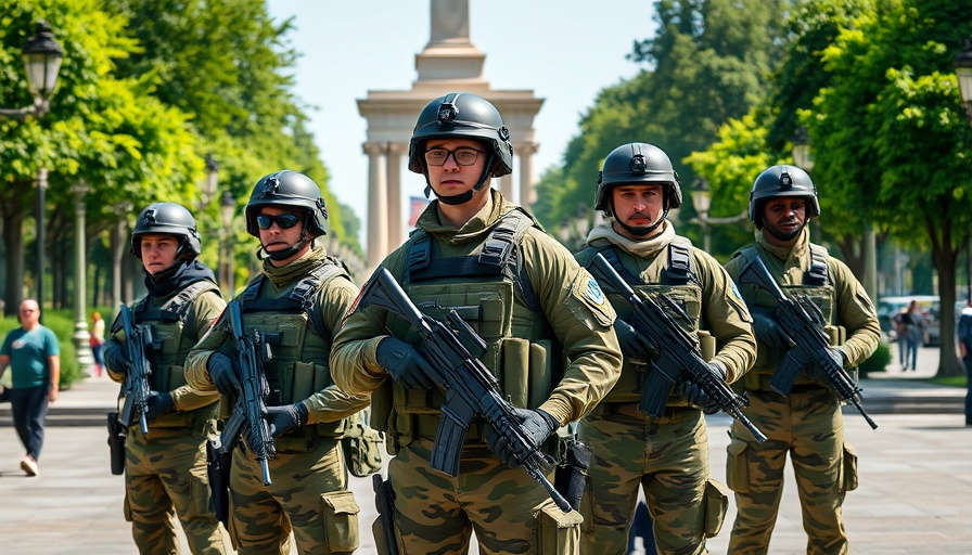 Armed National Guard troops stand alert in a city park with a monument.