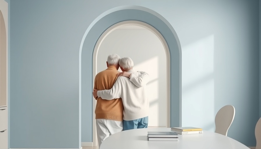 Modern senior living design with elderly couple in minimalistic space.
