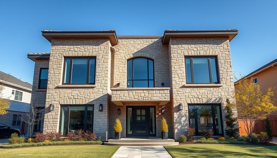 Luxury custom home in Eagle Mountain with stone facade and elegant entry, sunny day.