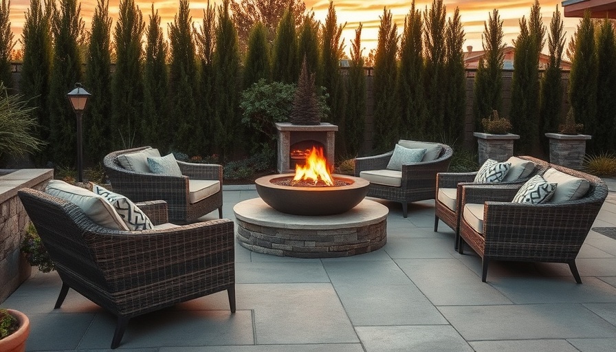 Modern hardscape design on patio with furniture and fire pit.