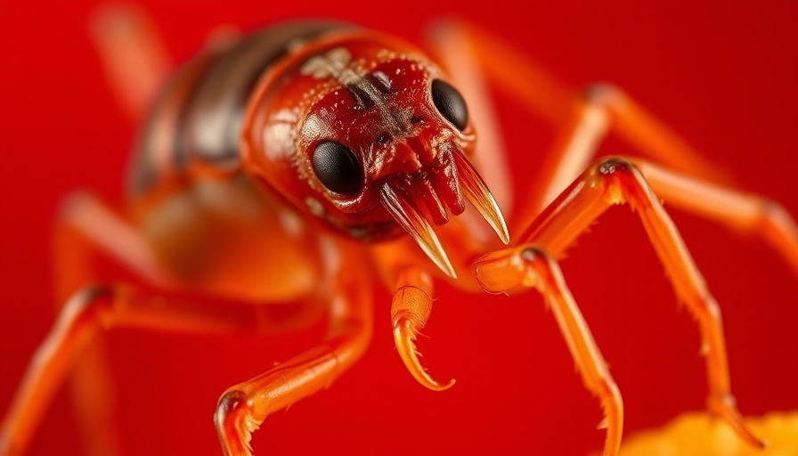 Close-up of flesh-eating parasite against red background.