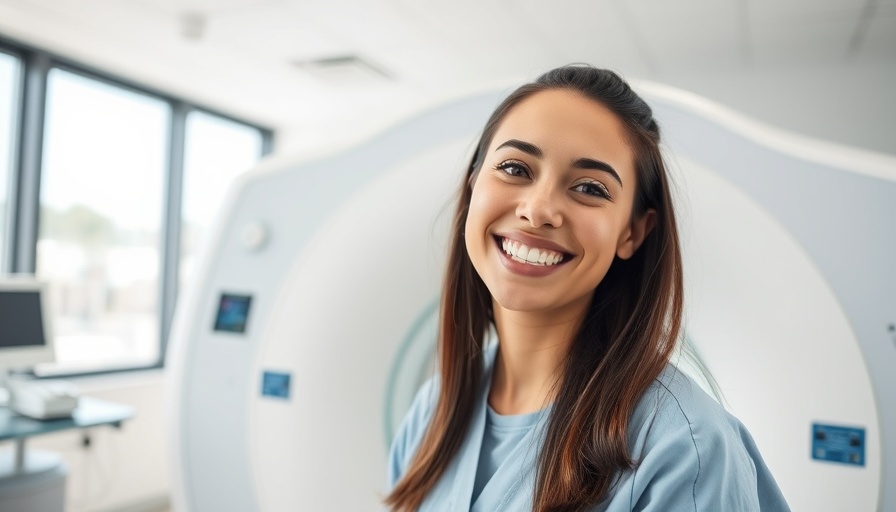 CT scanner and smiling woman represent medical scan for allergic reaction.