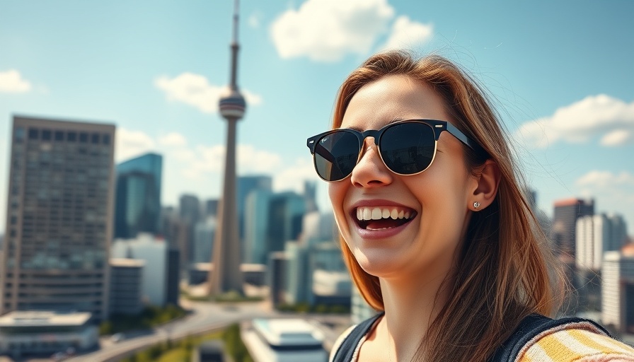 Joyful woman in Toronto, pointing at CN Tower, bright day.