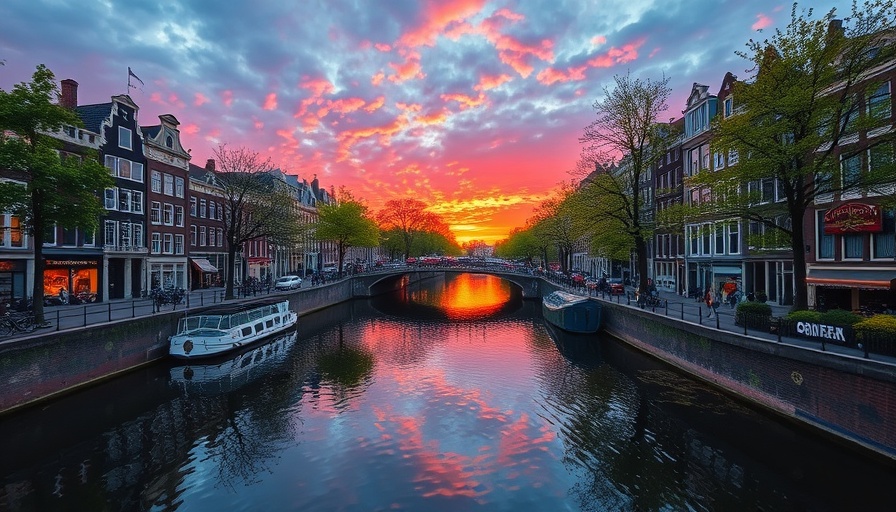 Vibrant Amsterdam canal at sunset reflecting colorful skies.