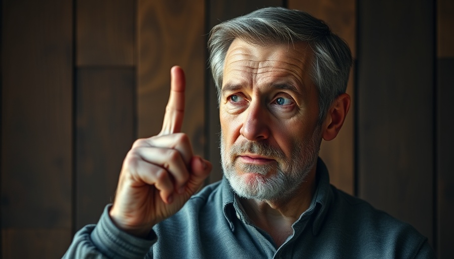 Thoughtful middle-aged man suggesting importance with index finger.