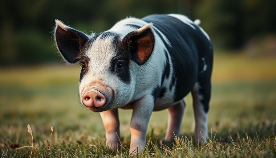 Black and white pig in field related to pig lung transplant.