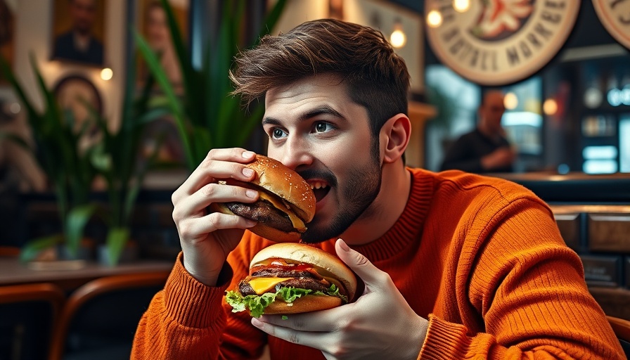 Man eating burger in restaurant, promoting health benefits