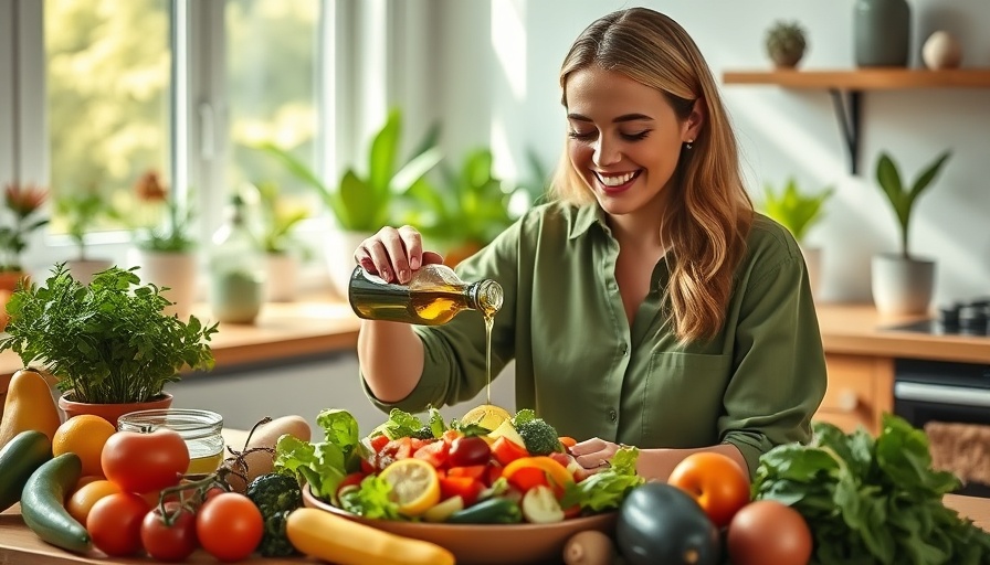 Woman enjoying Mediterranean diet with fresh salad and olive oil.