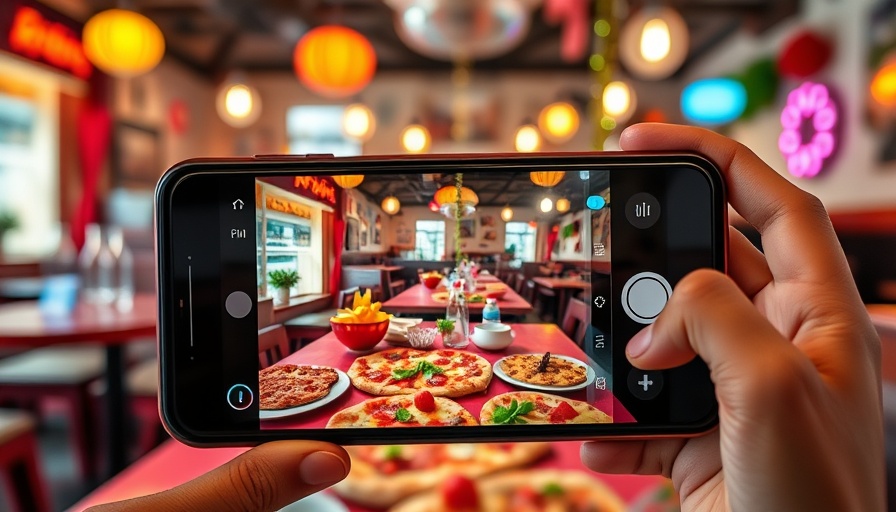iPhone capturing vibrant diner with pizza, showcasing camera features.