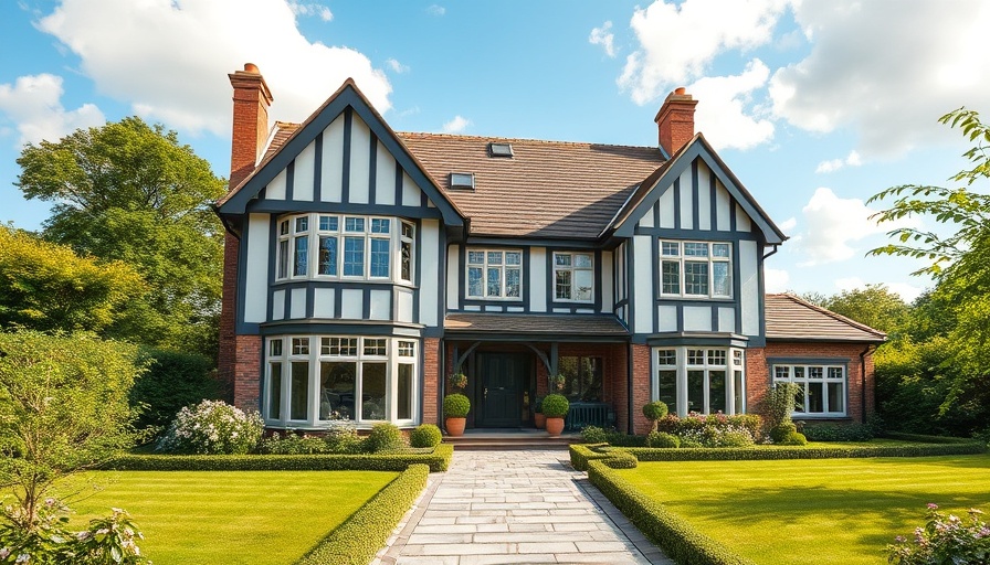 Modern English Tudor house with lush garden pathway.
