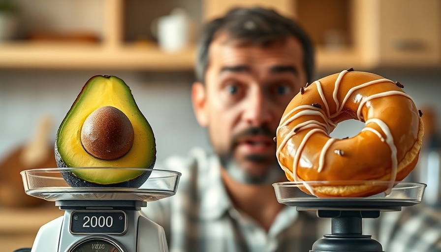 Side-by-side calorie comparison with avocado and donut.