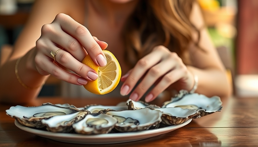 Woman squeezing lemon on fresh oysters outdoors, photorealistic
