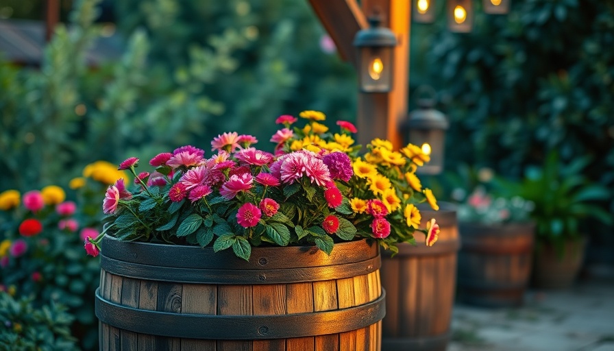 Vintage Rustic Garden Makeover with barrel planter and ambient lanterns.