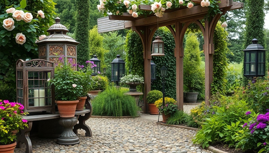 Vintage rustic garden with pathway and lanterns.