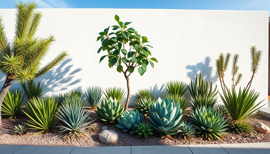 Modern low-maintenance front yard with succulents and bright sunlight.