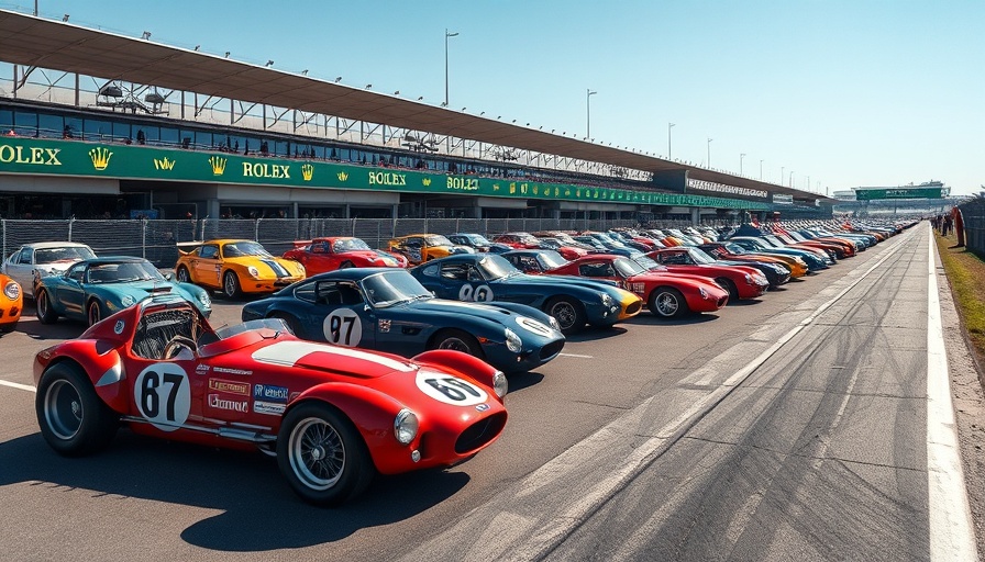 Vibrant vintage race cars at Rolex Monterey Car Week track display