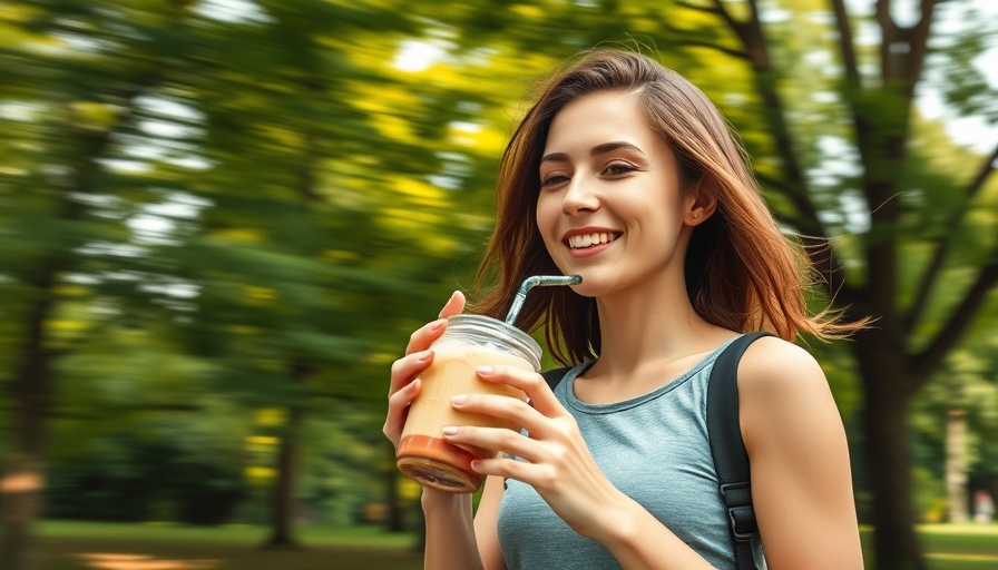Young woman drinking protein shake outdoors.