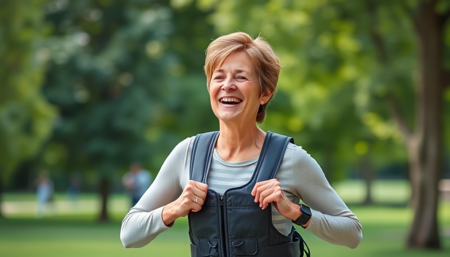 Middle-aged woman in weighted vest enjoying outdoor workout