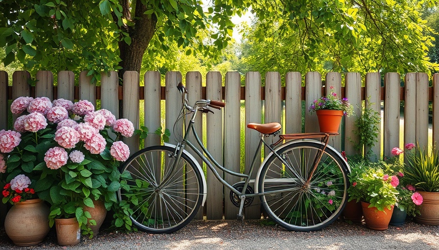 Vintage garden with rustic bicycle and vibrant flowers, promoting sustainability.