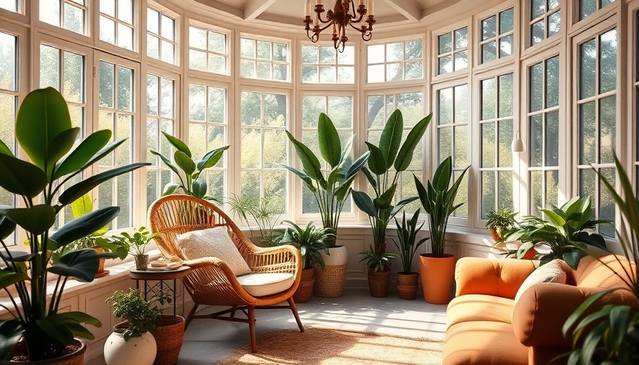 Inviting small sunroom design with cozy seating and greenery.