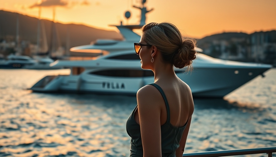 Elegant woman gazing at luxurious yacht at sunset, on-demand personal care.