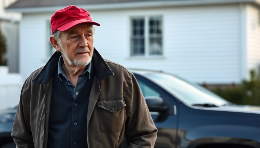 Older man in red hat walking near car in a suburban setting on a sunny day.