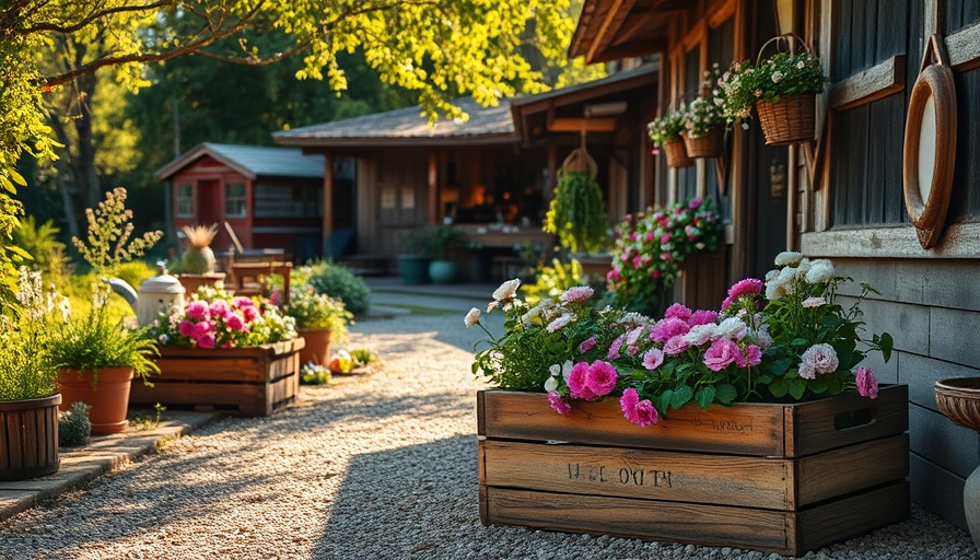Vintage rustic garden with flowers in wooden crates and weathered shop.