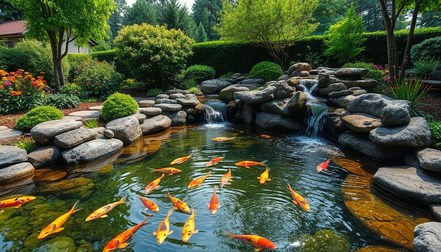 Serene backyard waterfall pond design with koi fish and greenery.