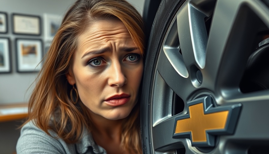 Frustrated customer and Chevrolet tire in focus.