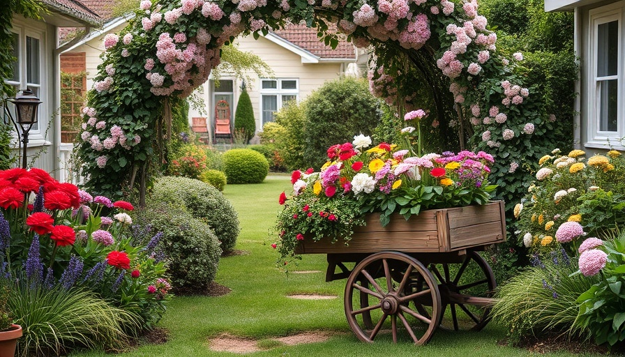 Charming vintage garden design with floral cart and archway.