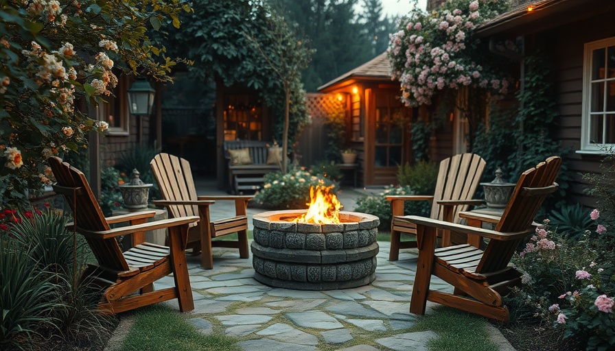 Vintage garden charm with fire pit and wooden chairs.