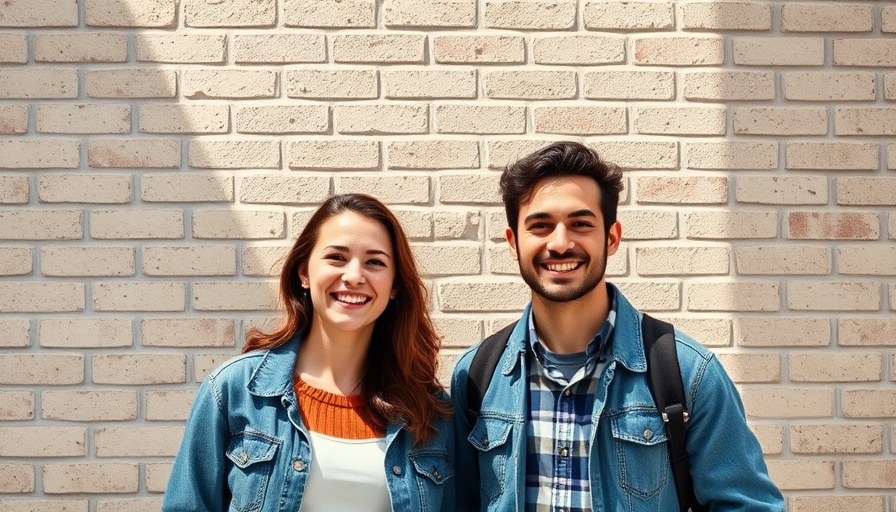 Urban portrait with smiling individuals against a brick wall.