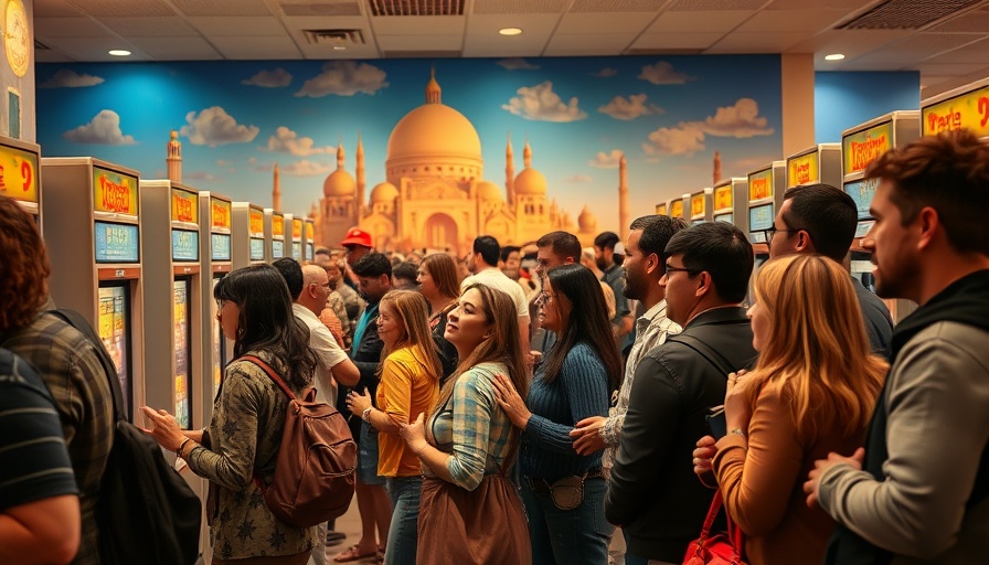 Group eagerly buying lottery tickets in lively atmosphere.