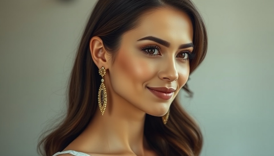 Elegant woman with earrings smiling softly, cinematic lighting.