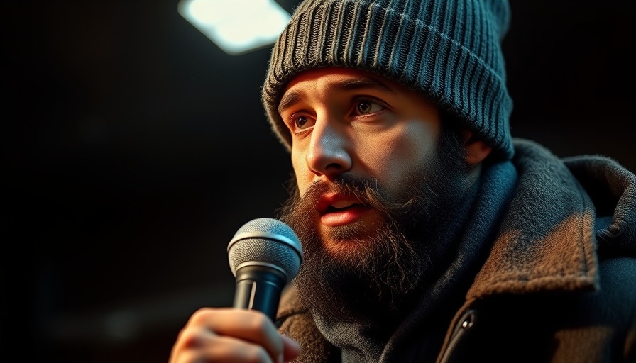 Thoughtful man in winter attire with microphone, indoor setting.