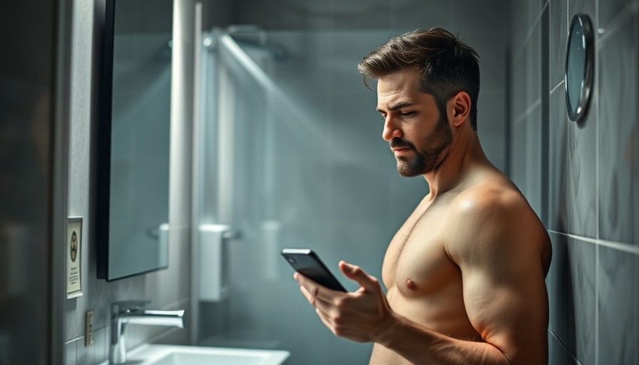 Man experiencing discomfort in bathroom emphasizing health risk of scrolling on phone.