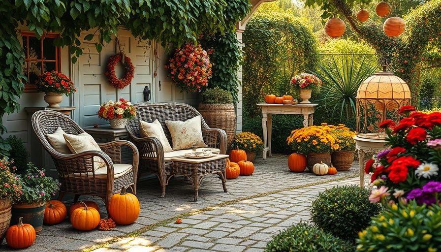 Charming vintage garden with rustic furniture and blooming flowers.