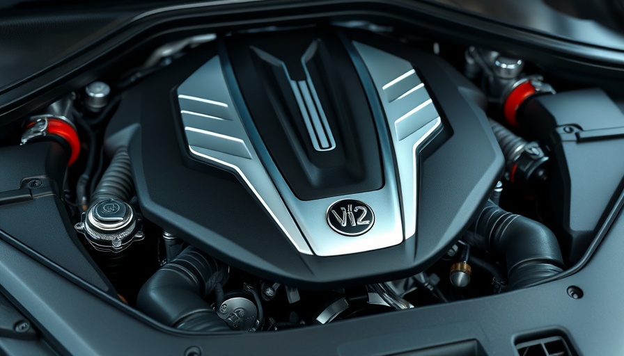 Futuristic V-12 engine cover with luxury emblem, sleek design.