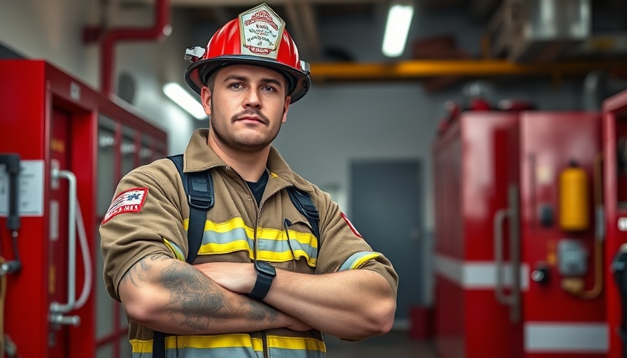Firefighter standing confidently in a fire station.