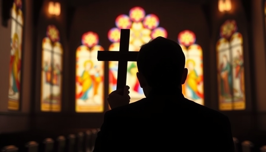 Silhouette holding cross against stained glass, solemn church scene.