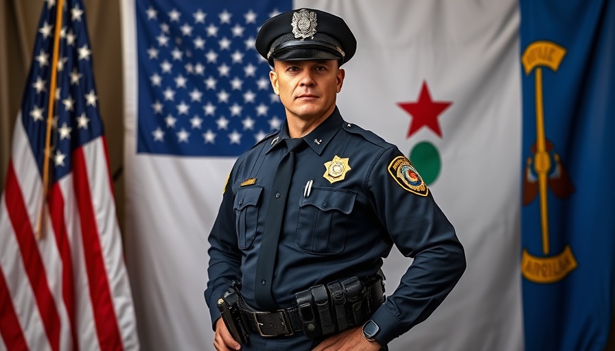 CMPD officer in uniform in front of flags, honoring service.
