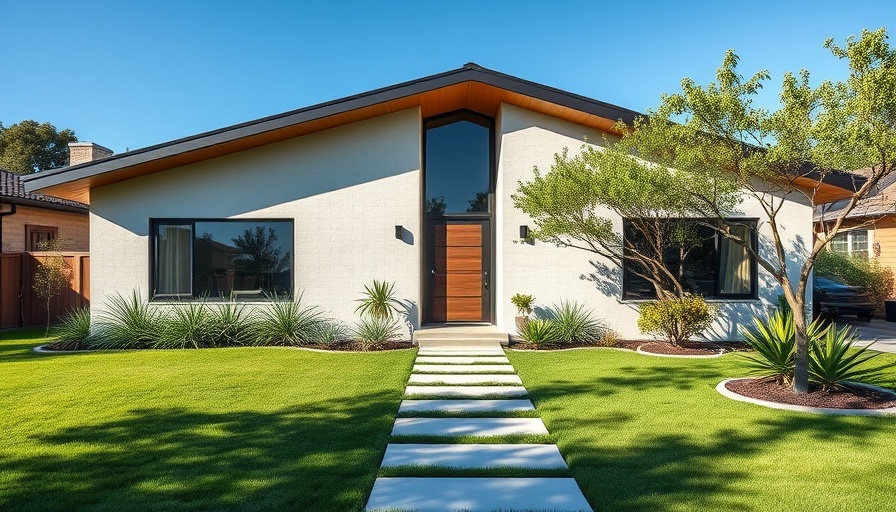 Modern sustainable home design with lush lawn and clear sky.