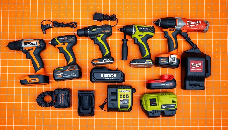 Assorted tool battery and charger combos on orange grid background.