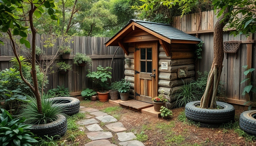 Rustic upcycled garden with wooden shed and tire planters.