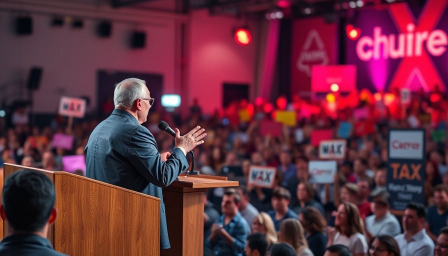 Energetic speaker at a crowded event with vibrant signs and audience.
