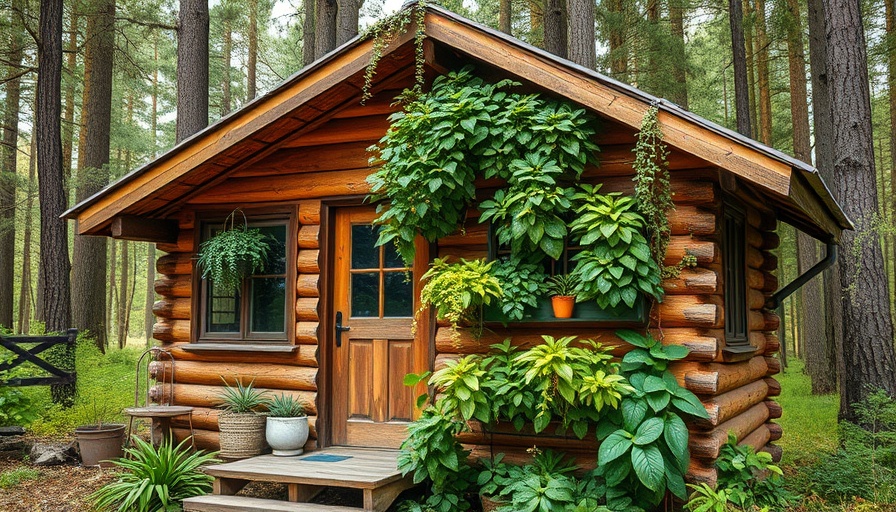 Vertical outdoor garden using reclaimed materials by rustic cabin.