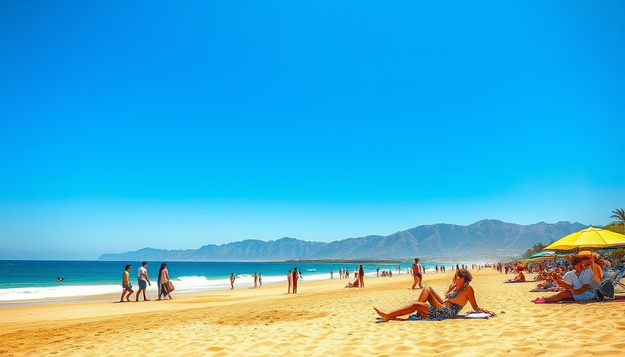 Beach scene with people, mountains and umbrellas under blue sky